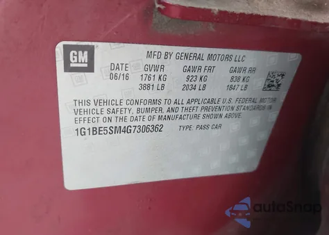 2016 Chevrolet Cruze Lt Auto z USA, uszkodzony, nr VIN 1G1BE5SM4G7306362